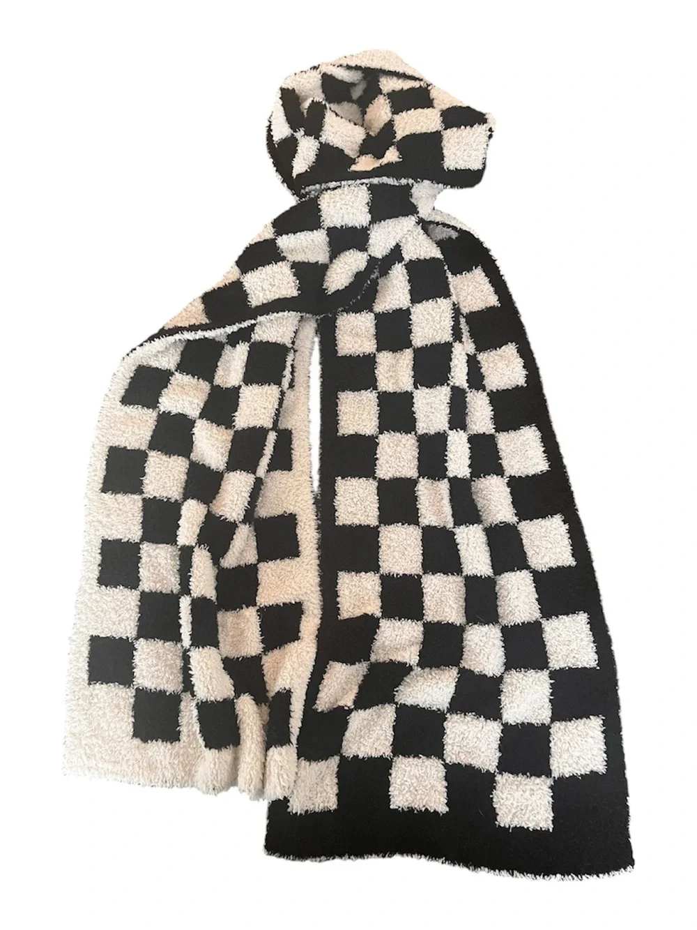 Marlo Black Cream Checkerboard Plush Knit Scarf 86”